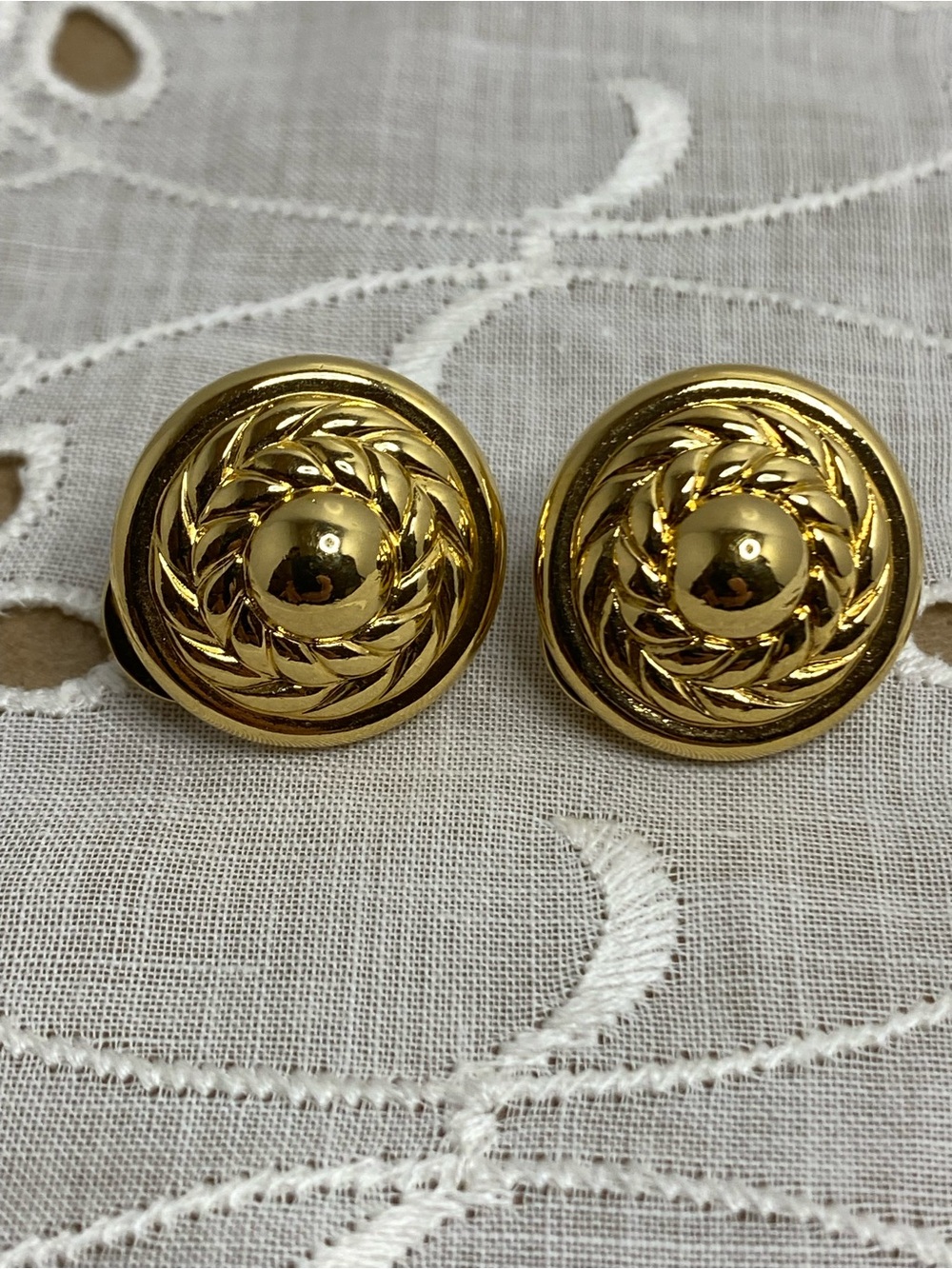 Vintage Clip-On Earrings Swirl Domed Button Gold Tone Signed